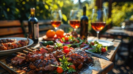 Enjoying a delicious BBQ meal with fresh salads and fine wine, surrounded by the laughter and joy of friends in the backyard. - obrazy, fototapety, plakaty