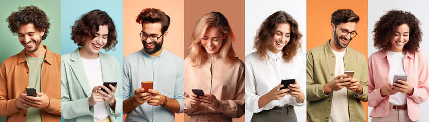Gadget, cellphone addiction concept. Cheerful millennials men and women various nationalities using mobile apps on modern smartphones, set of photos on colorful backgrounds, creative image - obrazy, fototapety, plakaty