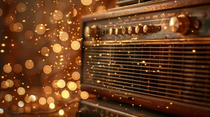 Orchestral symbols glide over vintage radio, with a sepia twilight backdrop