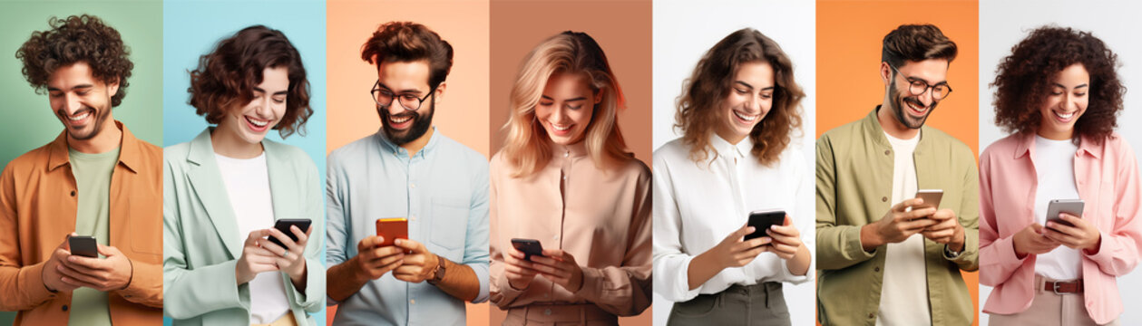 Gadget, cellphone addiction concept. Cheerful millennials men and women various nationalities using mobile apps on modern smartphones, set of photos on colorful backgrounds, creative image