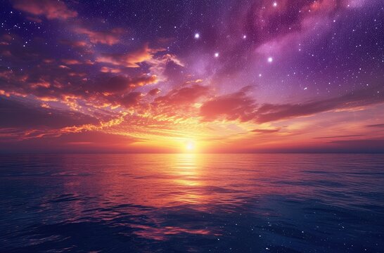 Majestic Sunset and Starry Sky Over Ocean Horizons