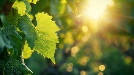 Bright sunlight filtering onto grape leaf, analysis tech overlay - obrazy, fototapety, plakaty