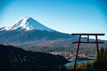 Foto op Plexiglas Torii gate in the sky with Mountain Fuji background, Japan © heychli