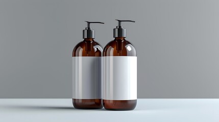 Two brown plastic cosmetic containers with labels, shampoo bottles floating on gray background...
