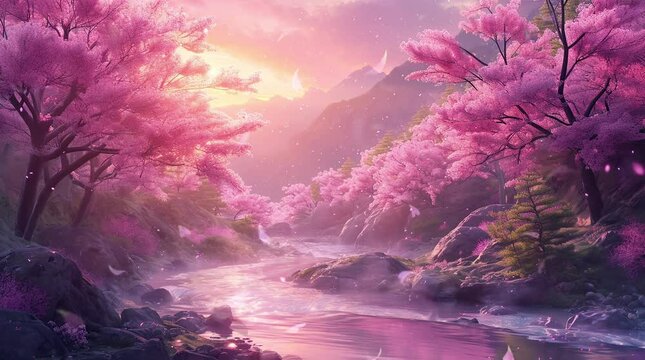 Cherry Blossom Bliss: A serene forest adorned with blooming sakura trees, their delicate pink petals dancing in the gent Seamless looping 4k time-lapse virtual video animation background. Generated AI