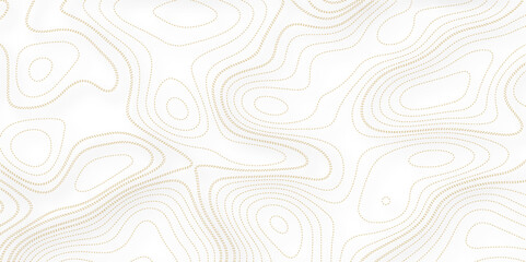 Golden topographic line contour map background, geographic grid map.  Line topography map seamless pattern. Mountain hiking trail over terrain. Contour background - obrazy, fototapety, plakaty