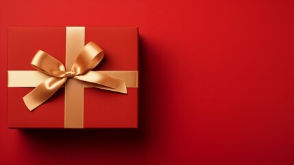 Gift box with gold ribbon on red background. Shiny package valentine day present, christmas and anniversary celebration, Christmas Gift