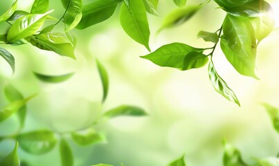 Fototapeta na wymiar Fresh green tea leaves flying, green tea garden background with place for text. Fresh tea, air purifier, organic, vegan, eco-friendly, or beauty product concept design