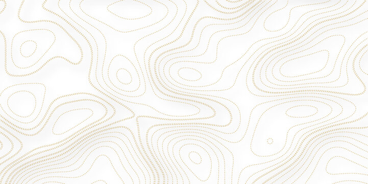 Golden topographic line contour map background, geographic grid map.  Line topography map seamless pattern. Mountain hiking trail over terrain. Contour background
