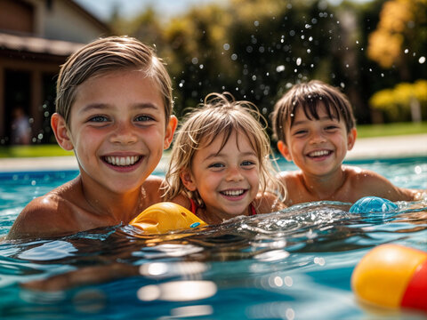 closeup of three children, two boys and a girl, smiling while floating in a swimming pool in summer holidays