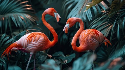 Crimson flamingos nestle in lush indigo foliage, a secret garden
