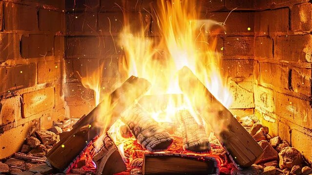 wood in the flames of cozy fireplace. seamless looping overlay 4k virtual video animation background