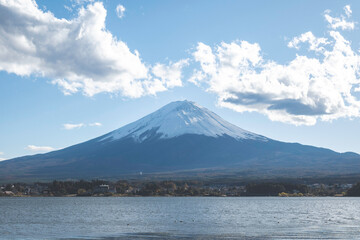 Close up mount fuji from lake kawaguchi side with sunshine