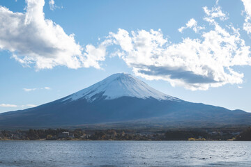 Close up mount fuji from lake kawaguchi side with sunshine