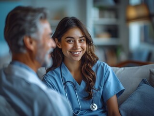 Obraz premium An Indian female nurse is talking to a patient, the doctor is talking,