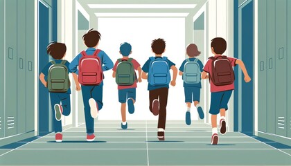 Group of students with backpacks running towards the school exit