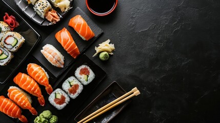 Sushi set on black stone table. Top view with copy space. Japanese Cuisine Concept with Copy Space. Oriental Cuisine.