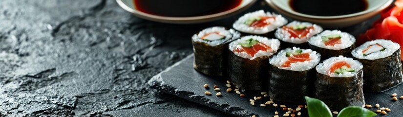 Sushi roll with salmon, avocado, cucumber and cream cheese on black stone background. Japanese Cuisine Concept with Copy Space. Oriental Cuisine.