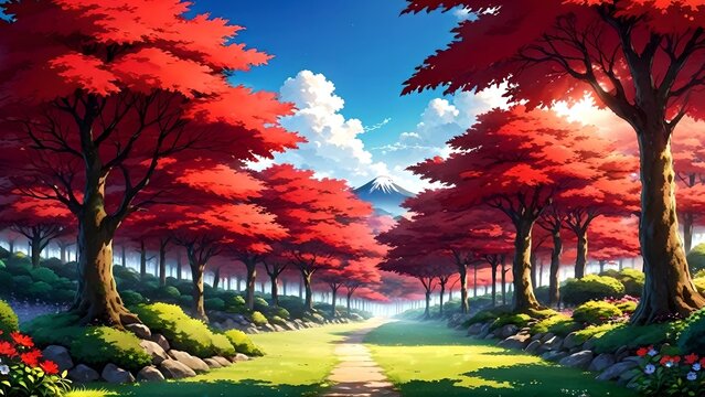 Path through red forest, trees have red leaves, anime background, illustration