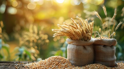Fototapeta premium Sunlit sacks of cereal crops on olden farm table