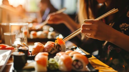 Close up of female hands holding chopsticks and eating sushi in restaurant. Japanese Cuisine Concept with Copy Space. Oriental Cuisine. - Powered by Adobe