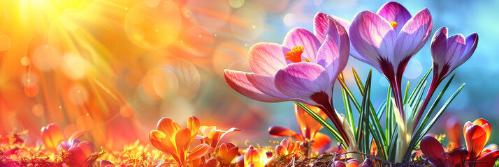 beautiful spring flowers background wallpaper, crocus flowers against a sunshine background, banner, empty space for text