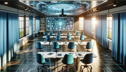 Modern classroom with holographic displays and interactive learning equipment
