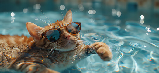 A cute cat swims in the pool on a warm sunny day. Funny summer vibe concept banner. - obrazy, fototapety, plakaty