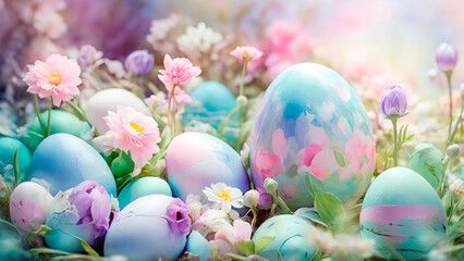 Fototapeta na wymiar Pastel Easter: Floral Patterns on Painted Eggs.