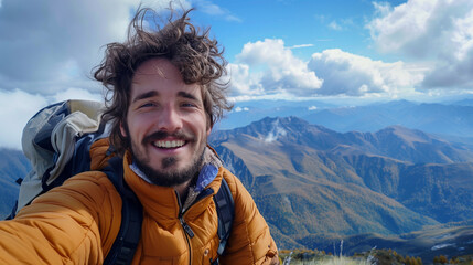 Naklejka premium Man taking a selfie with mountainous background.
