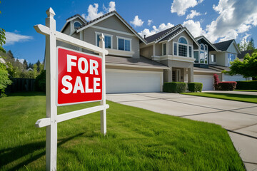 Residential real estate house property for sale sign outside home front entance
