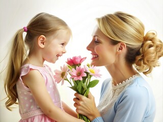 Mother And Daughter Giving Flowers On Mothers Day  generative ai