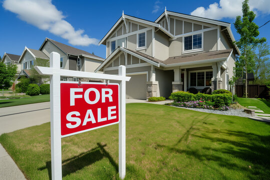 Residential real estate house property for sale sign outside home front entance