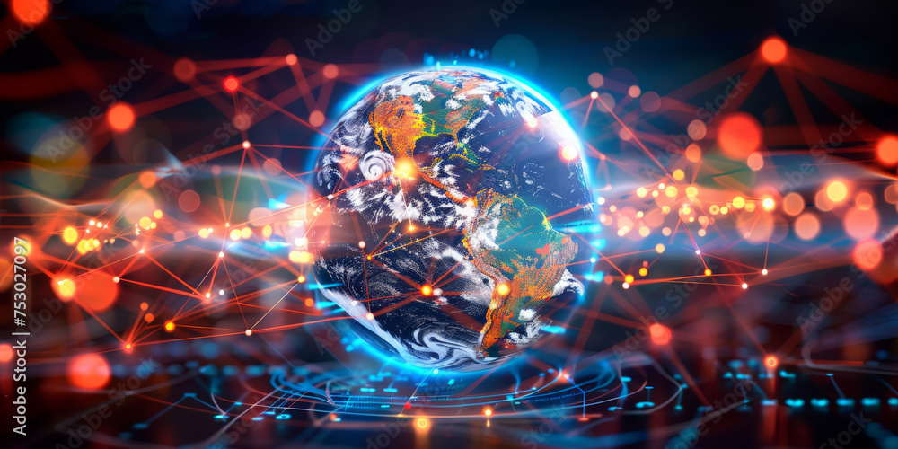 Poster 3d rendering of the earth surrounded glowing data connections, representing global digital connectiv