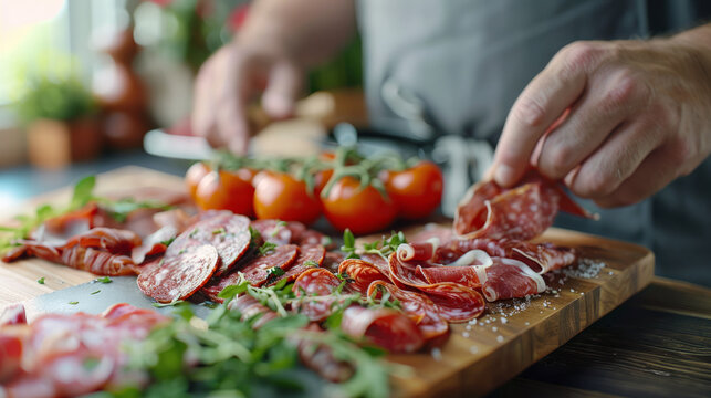 A man holding a charcuterie board. A plate of snacks for a wine. Plate with a cold meats, ham, tomatoes and salami. 