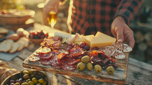 A man holding a charcuterie board. A plate of snacks for a wine. Plate with a cheese, cold meats, ham, olives and salami. Glass of wine.