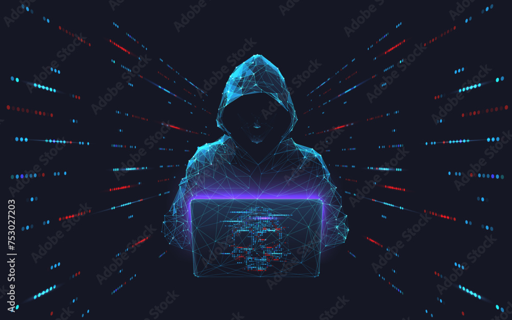 Aufkleber Cyber hacker attack concept. Abstract digital hacker man with a laptop and data server room. Database security. DDoS attack concept. Cyber security. Vector 3D illustration. Internet criminal and fraud