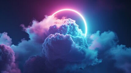 Obraz premium Abstract cloud illuminated with neon light ring on dark night sky. Glowing geometric shape, round frame
