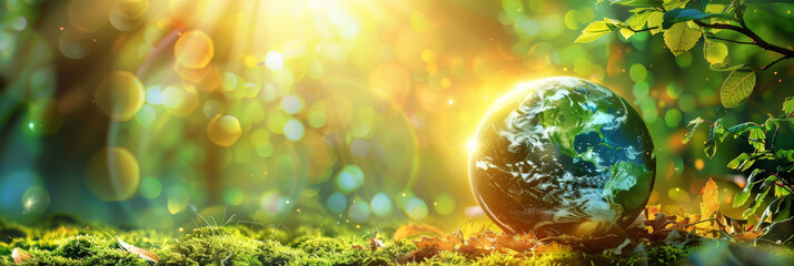 earth on green grass surrounded by trees and leaves,banner, Earth Day ,Environment