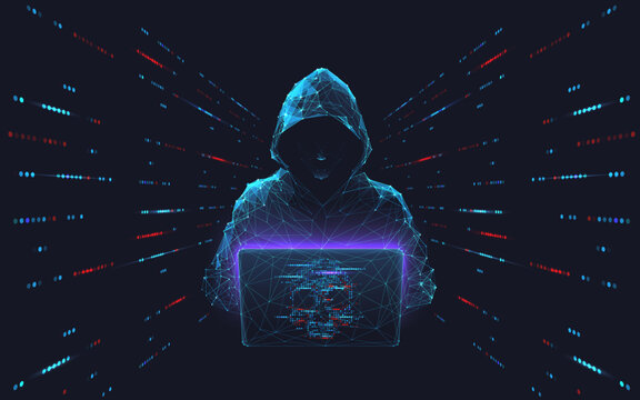 Cyber hacker attack concept. Abstract digital hacker man with a laptop and data server room. Database security. DDoS attack concept. Cyber security. Vector 3D illustration. Internet criminal and fraud