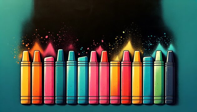 Row of colorful crayons with sparkling dust on dark background