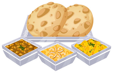 Indian Halwa Puri with Chana Masala, Suji Halwa and Potato Curry In Fancy White China  