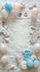 A dreamy baby shower setup graces a quilted backdrop with pastel balloons and clothes, all arranged in a joyful celebration of new life, leaving perfect space for showcasing products or messages..
