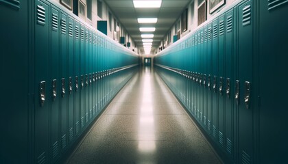 Fototapeta premium Blue school lockers along a cool lit corridor leading to an exit door