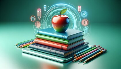 Pile of colorful books with a shiny red apple and futuristic glowing icons above