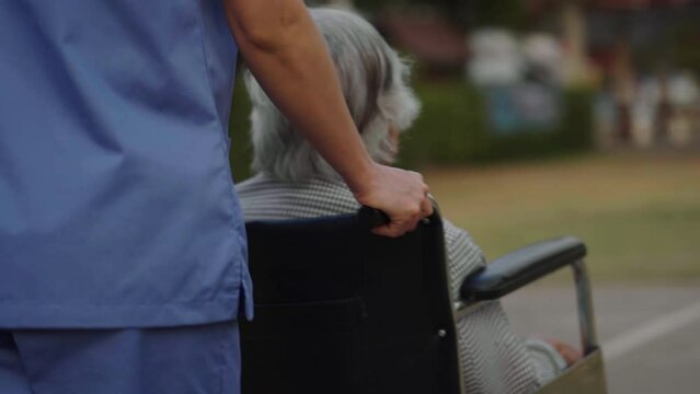 nurse take care and pushing senior woman in wheelchair at the park, friendly caregiver