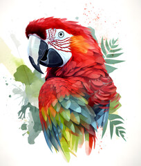 Drawing of a scarlet macaw. Stylized portrait of a tropical colorful bird.