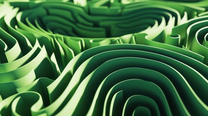 close-up Green Abstract folded paper effect. Bright colorful red background. Maze made of paper. 3d rendering