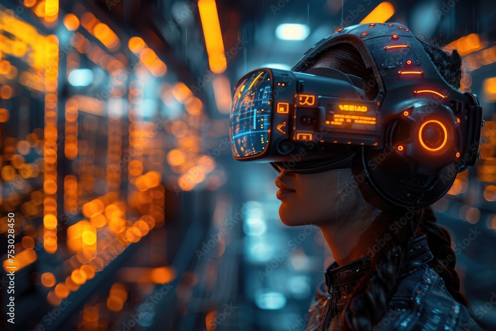 Poster a woman immersed in a virtual reality simulation wears an advanced vr headset, surrounded by illumin