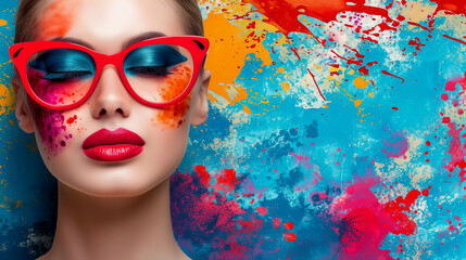 Woman with vibrant makeup and red sunglasses against a backdrop of colorful paint splashes.
